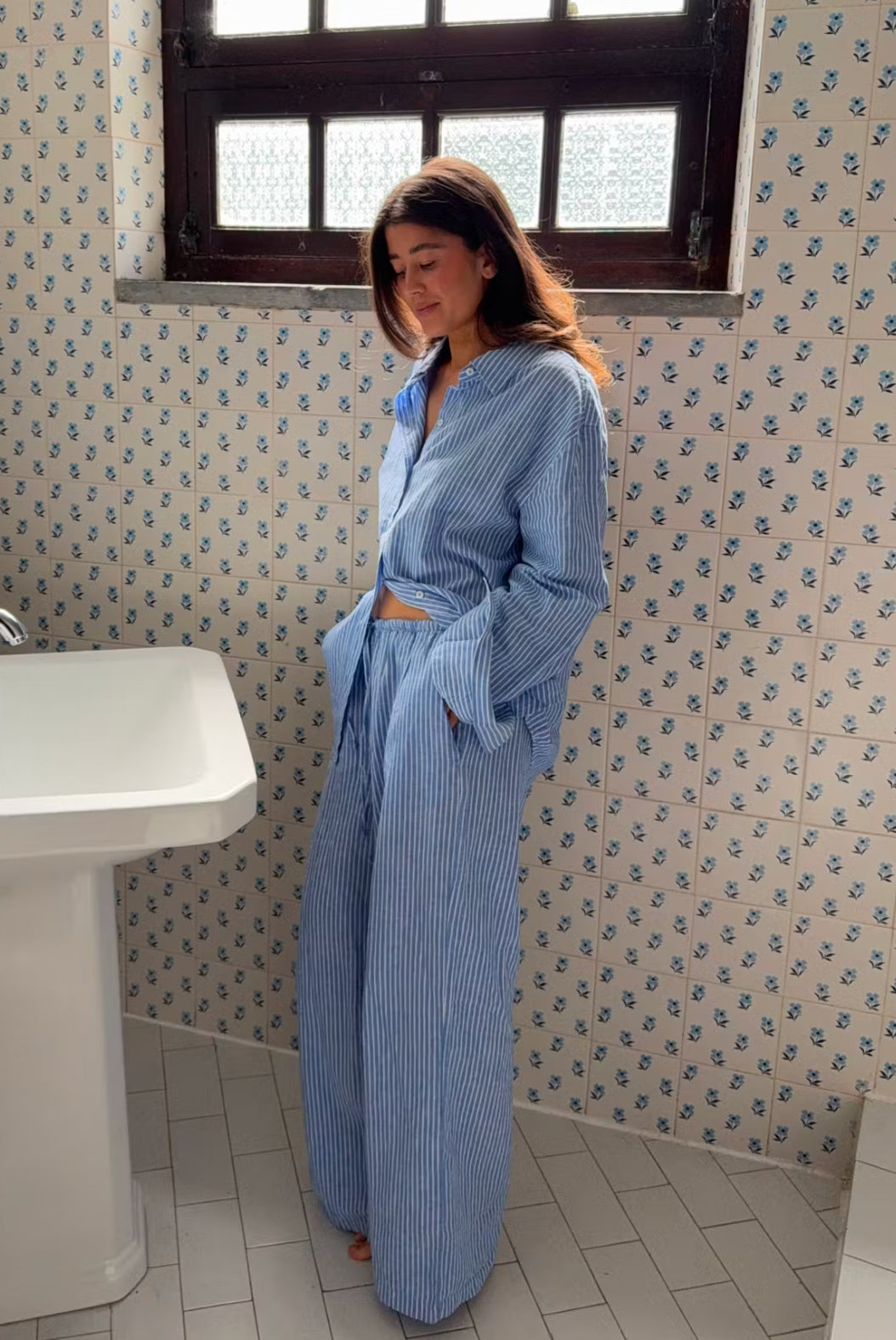 Linen blend trousers - blue stripe