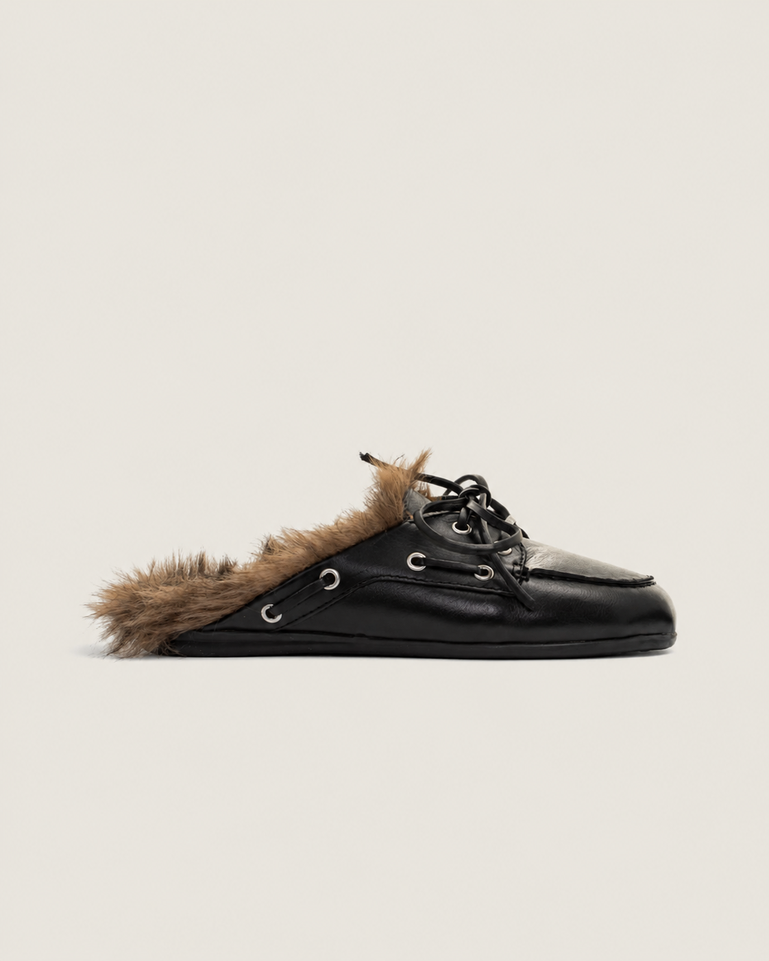 POSA | Boat Loafer Mule Hairy Fur Leather in Black