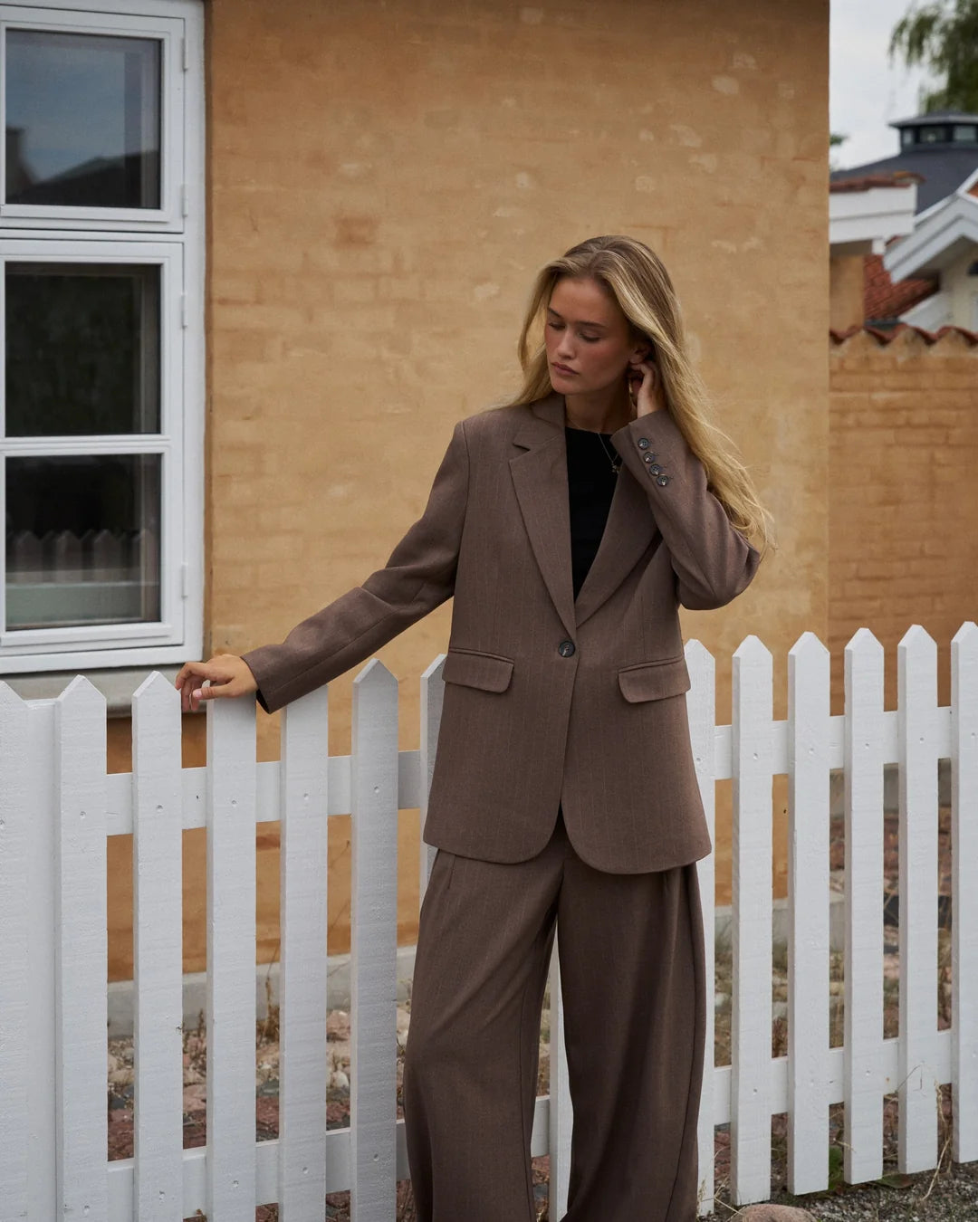 Gaby Pinstripe Blazer in Taupe| NEO NOIR