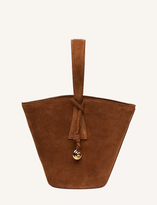 SINGLE HANDLE BASKET BLACK BAG LIGHT BROWN SUEDE | Liffner
