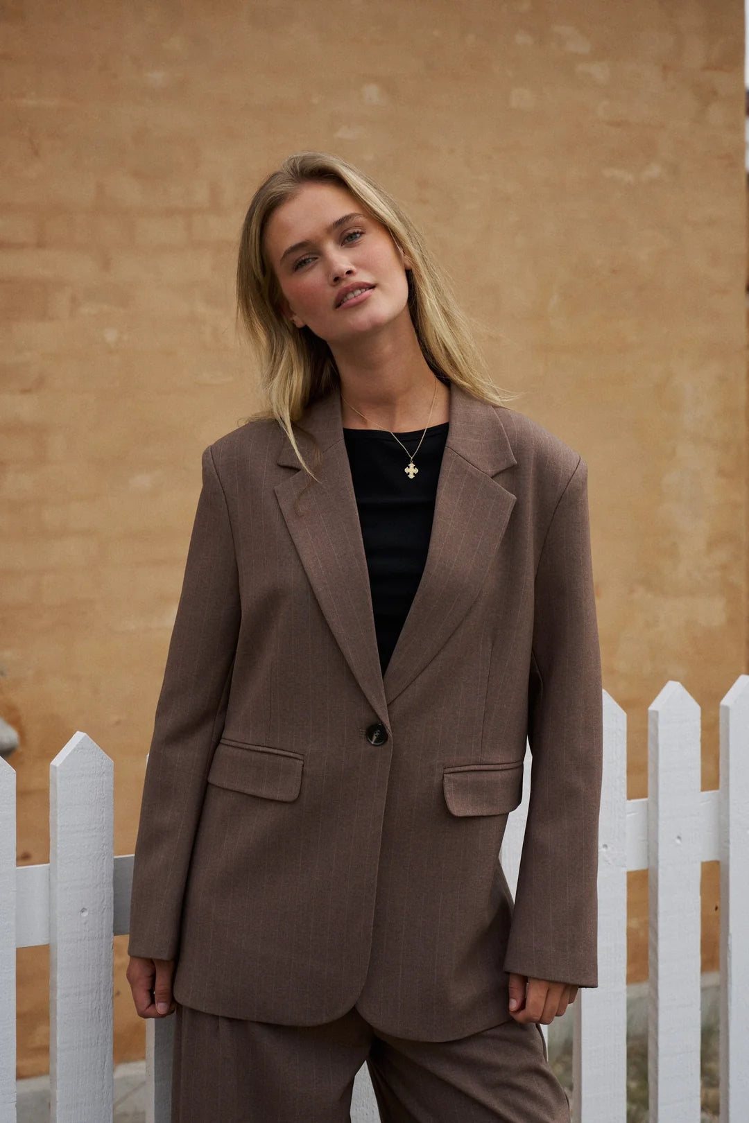Gaby Pinstripe Blazer in Taupe| NEO NOIR