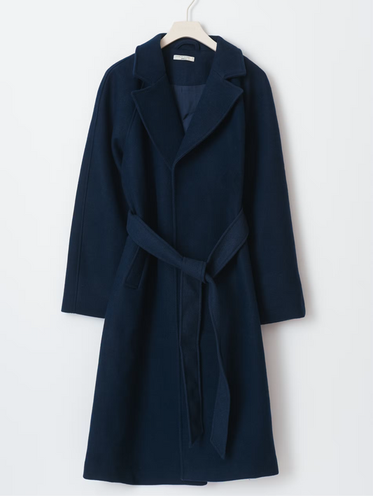 Belted long coat navy