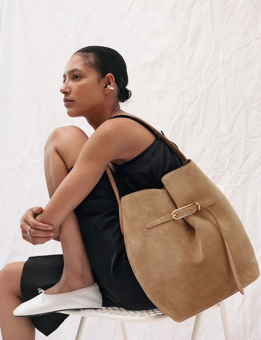 Belted Bucket Bag Large Sand Suede | Liffner