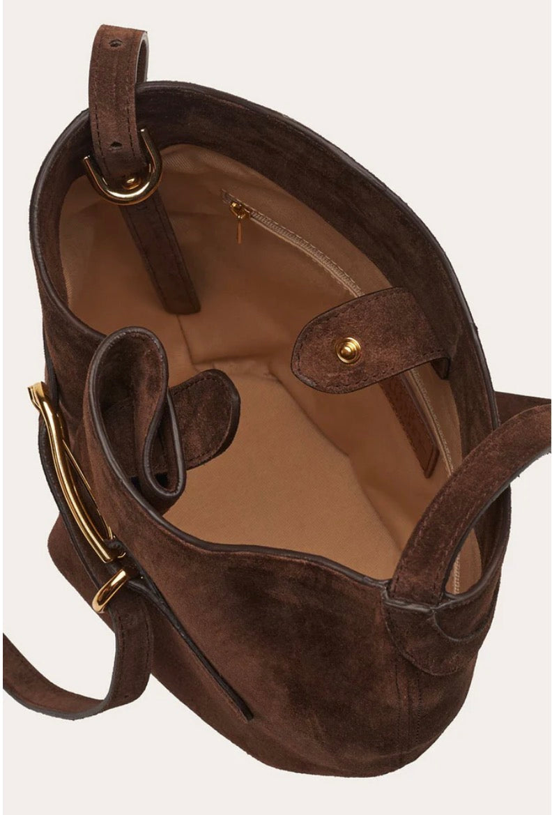 BELTED BUCKET BAG DARK BROWN SUEDE | Liffner