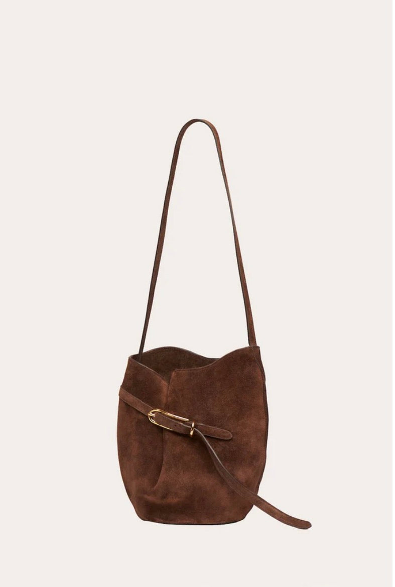 BELTED BUCKET BAG DARK BROWN SUEDE | Liffner