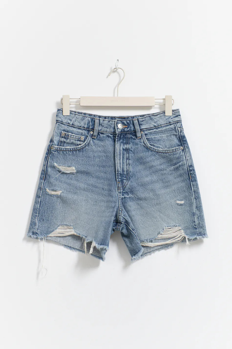 Distressed high denim shorts