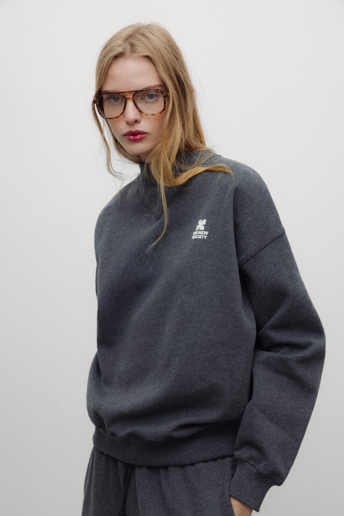 TNS Logo Rib Collar Woman Sweatshirt Dark Grey Melange | The new Society